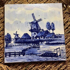 Delft Tile Blue & White Windmill Scene Ceramic Hand Painted Signed 6"x6" VTG